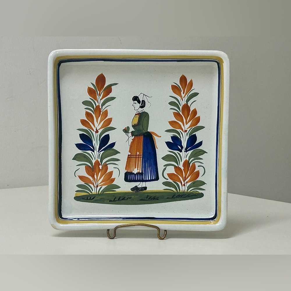 Late 19th Century Antique Quimper HENRIOT Lady Center Square Tray Plate